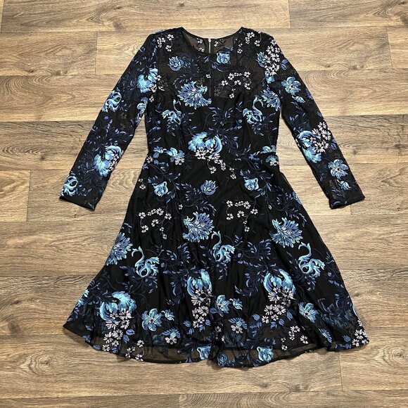 SB Sachin + Babi Long Sleeve Floral Embroidered Black Blue Dress Size 14 - Picture 6 of 9